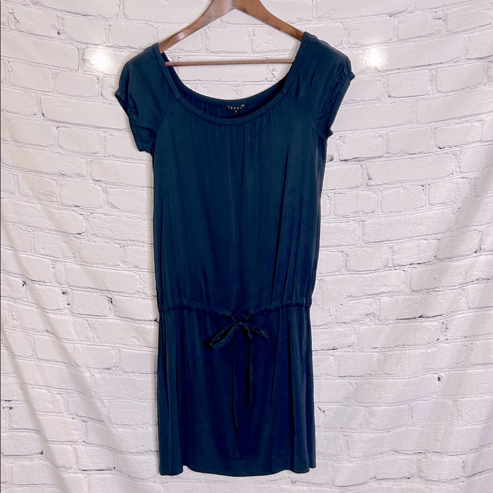Theory Navy Blue Short Puffed Sleeve Drawstring Waist Dress Size Small